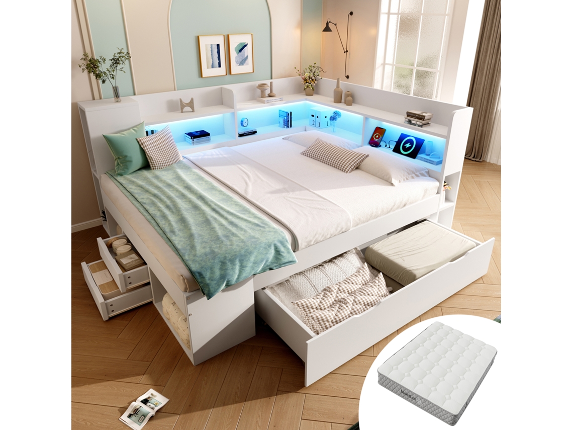 Cama Funcional 140x200 Cm - Led, Usb/tipo-c, Arrumação E Prateleiras - Branco