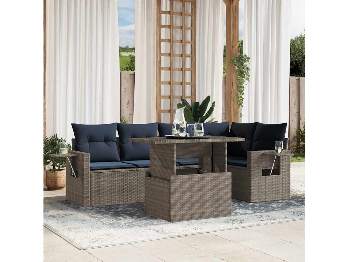 Vidaxl Conjunto De Sofá De Jardim Com 6 Peças E Almofadas Em Rattan Sintético Cinza