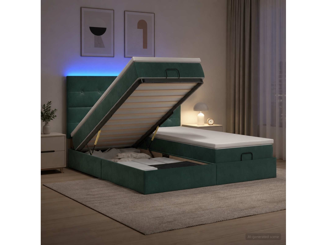 Vidaxl Cama Ottoman Com Colchão E Led Verde-escuro 180 X 200 Cm Veludo