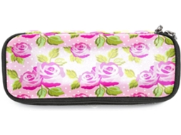 Organizador de maquiagem retrô com estampa de rosas cor-de-rosa e folhas verdes, grande capacidade, ideal para guardar maquiagem.