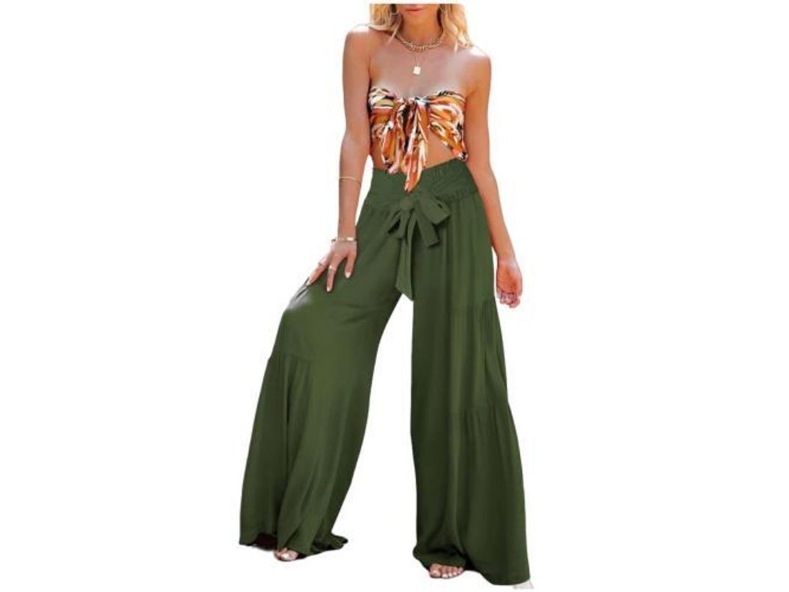 2026 pantalones de Descanso de Pierna Ancha para Mujer Con Cintura Alta Y Correa Atada, Pantalones de Yoga Sueltos Boho Playa S Verde Ejército