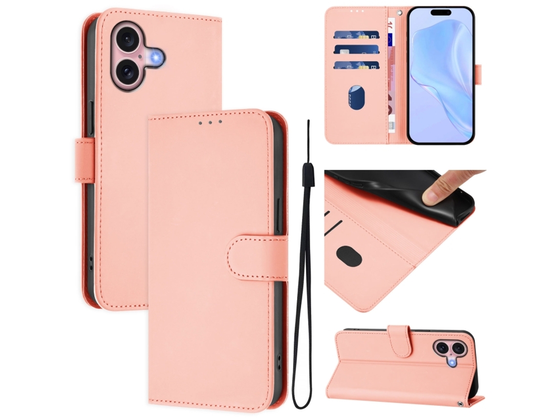 Capa De Couro Sintético Para Iphone 16 - Toque Suave - Cor Sólida - Com Cordão