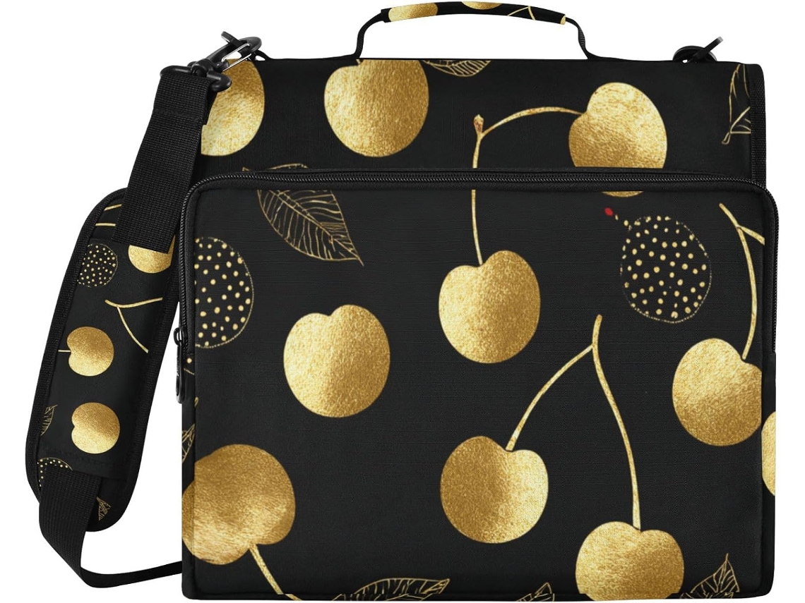 Pasta Moderna Com Zíper, Nas Cores Dourado Cereja E Preto, Com 3 Argolas, Alça De Ombro E Mão, Com Vários Bolsos