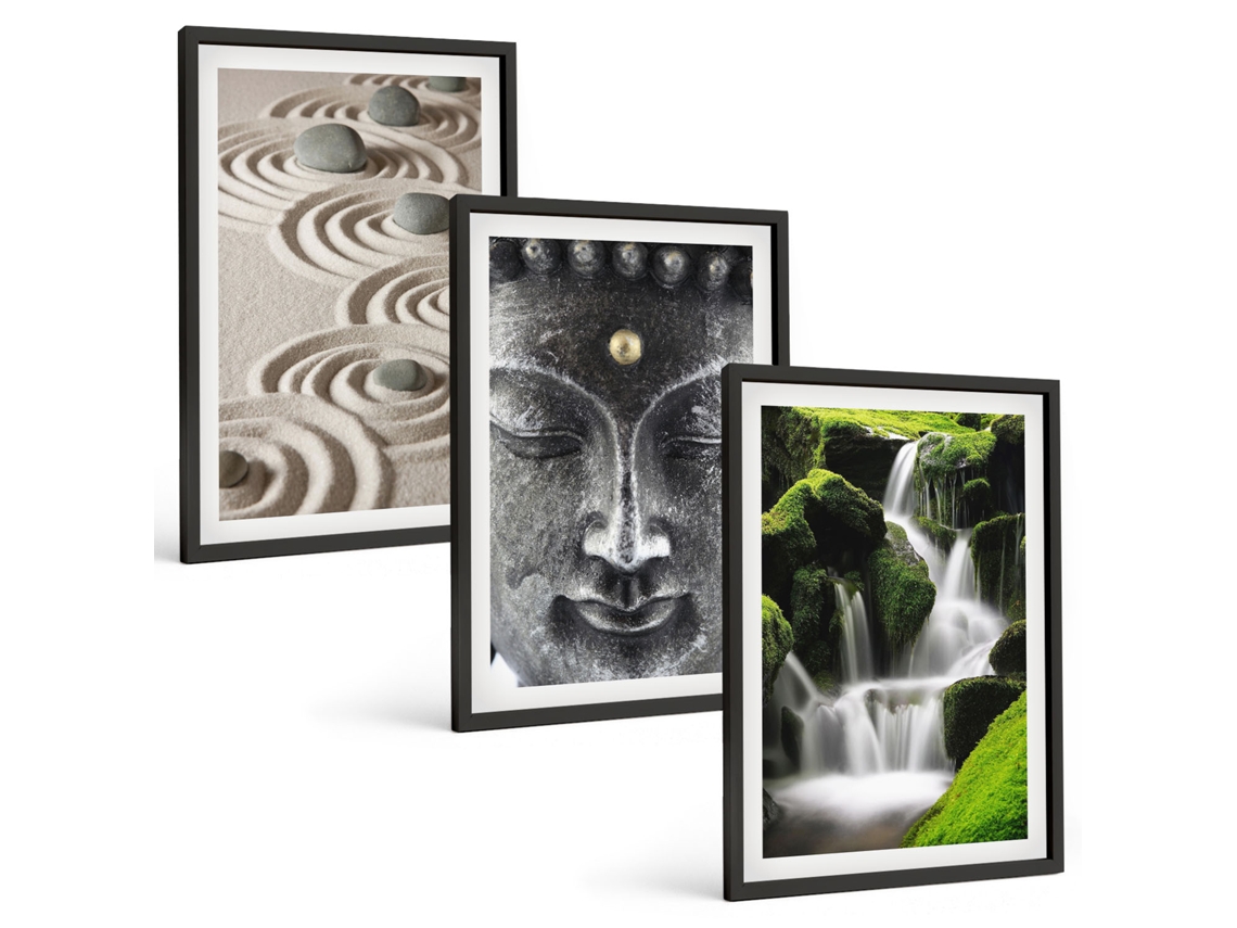 Composição De Quadros Na Parede Paz, Pedras, Cachoeira, Buda, Zen Moldura Preta Fotos Para O Escritório Espelharte (3 Piezas De 40x60 Cm)