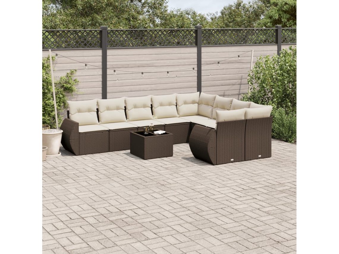 Vidaxl 10 Pcs Conj. Sofás Jardim Com Almofadões Vime Pe Castanho