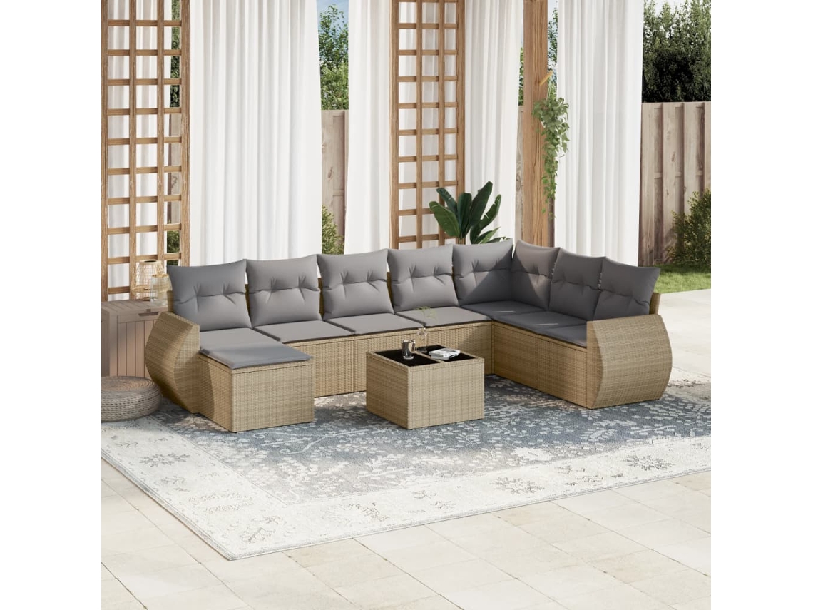 Vidaxl 9 Pcs Conjunto De Sofás P/ Jardim Com Almofadões Vime Pe Bege