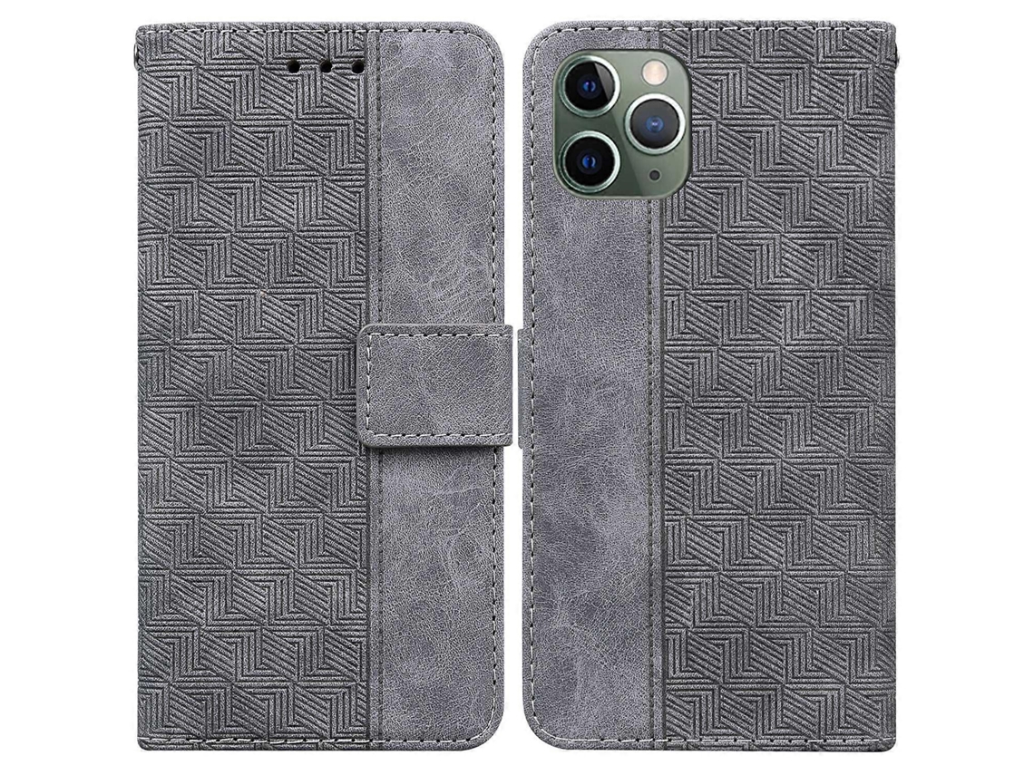 Capa De Couro Com Relevo Geométrico Para Iphone 11 Pro, Cinza