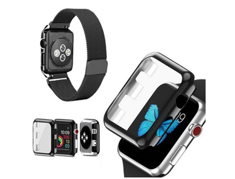 Kit Pulseira Bracelete Milanese Loop Fecho Magnético Capa Anti-Impacto Apple Watch Series 5 44Mm ATYULNM Preto