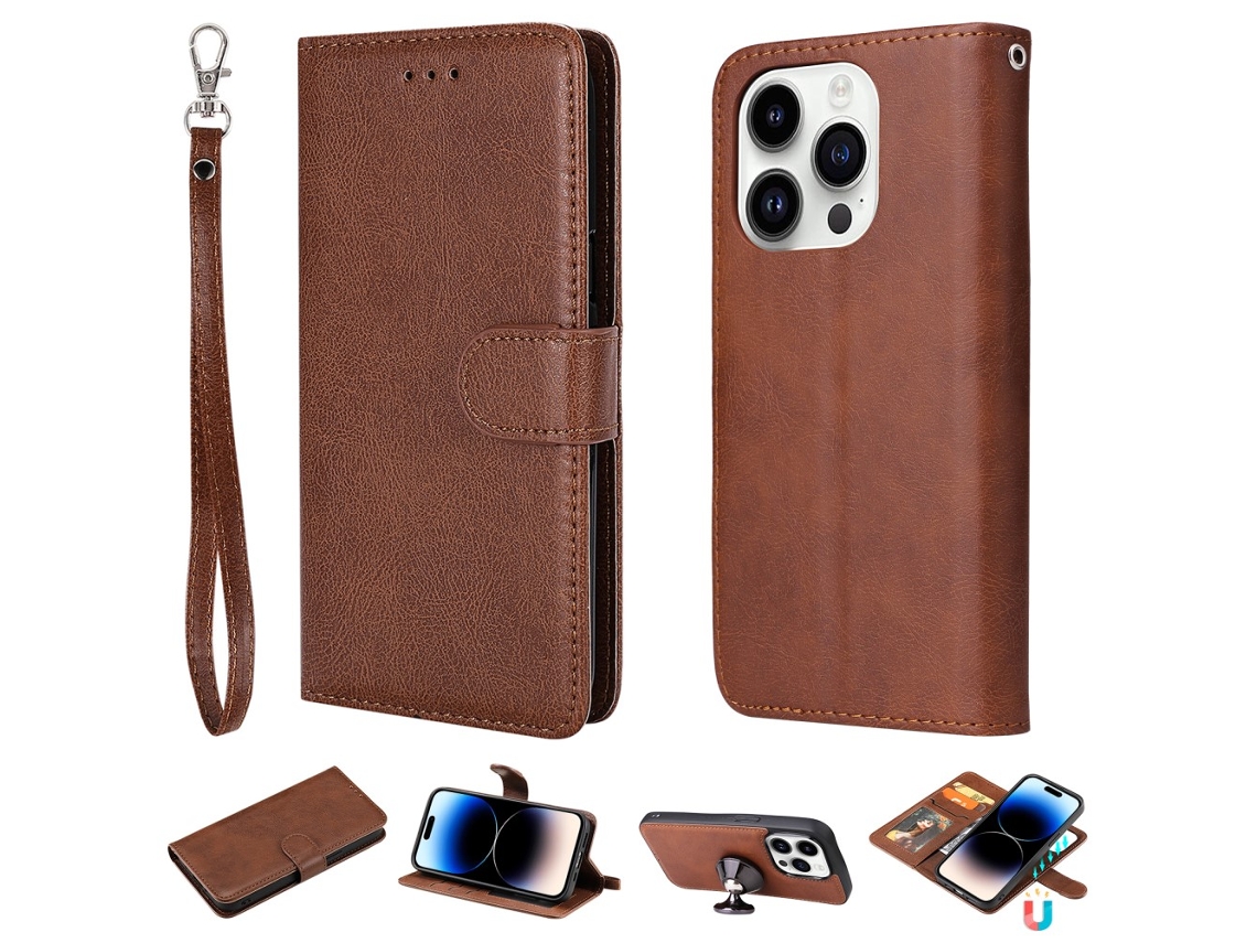 Capa Para Iphone 15 Pro Pele Sintética Magnética Com Porta-cartões Castanho