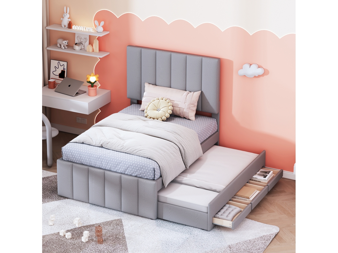 Polsterbett 90x200cm Com Rollbett E Gavetas De Armazenamento Linho Grau