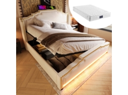 Cama Casal 140x200 Com Armário Hidráulico Led Usb-c Colchão Bege Cetim