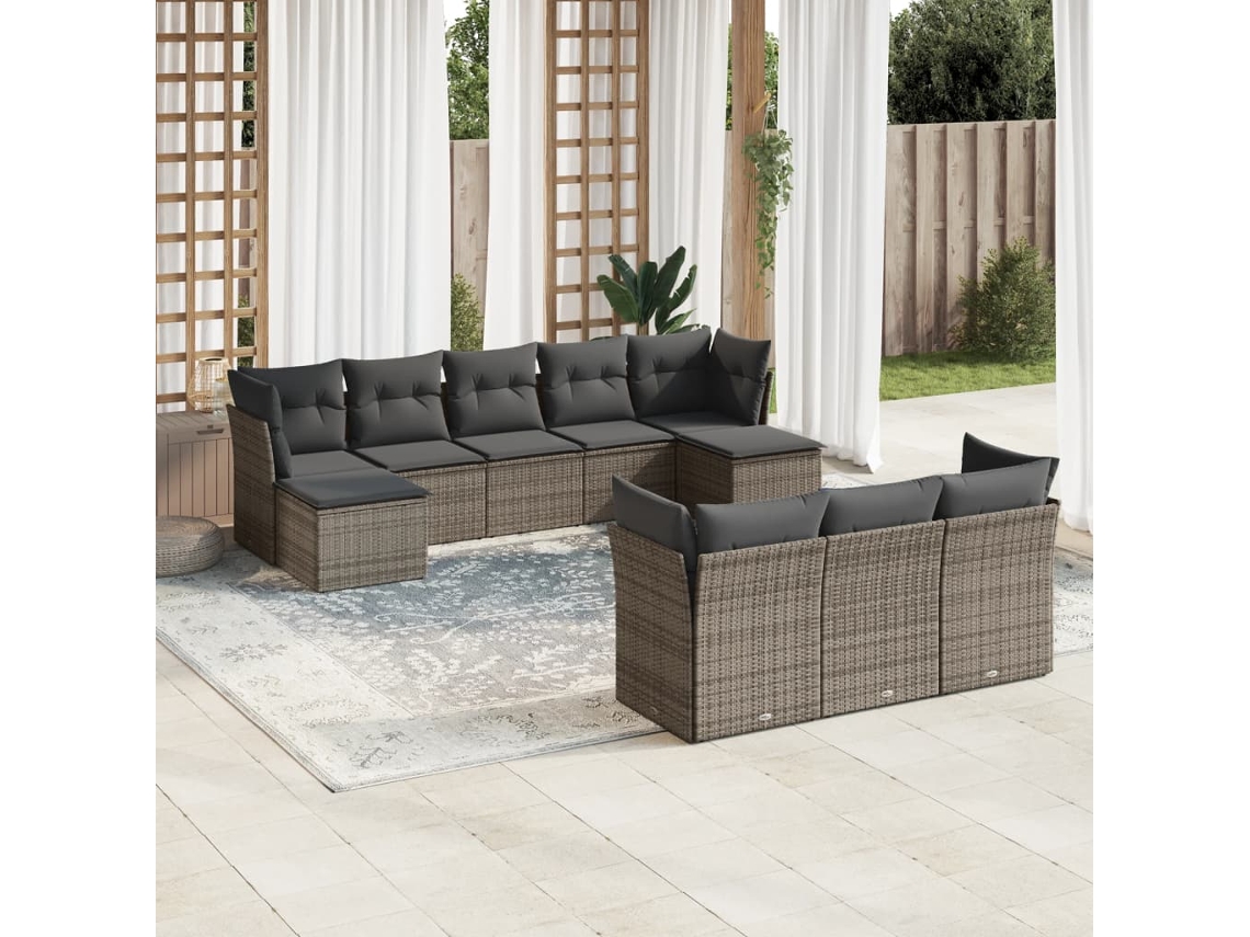10 Pcs Conjunto Sofás De Jardim C/ Almofadões Vime Pe Cinza Dkd Home Decor