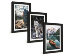 Composição De Quadros Na Parede Montanhas, Lago, Lobo, Natureza Moldura Preta Quadros Para A Sala De Estar Espelharte (3 Peças 20x30 Cm)