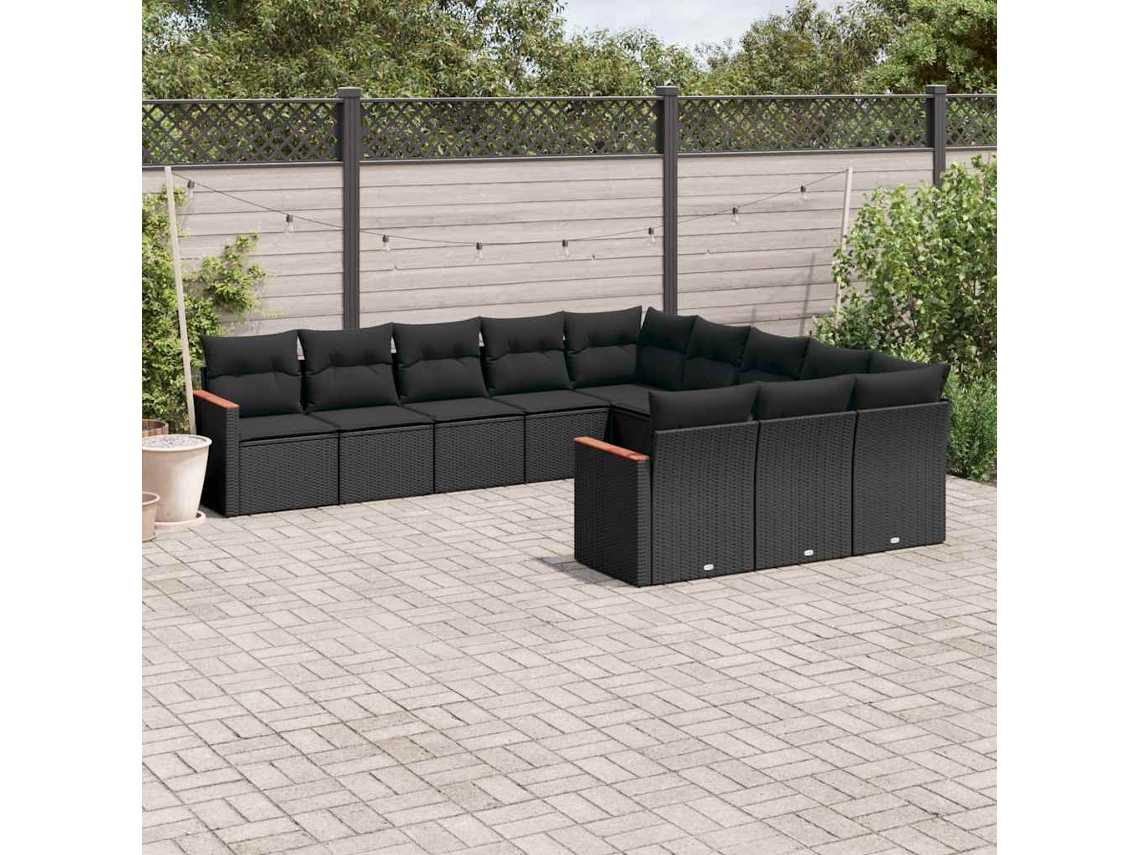 Vidaxl 11 Pcs Conjunto Sofás De Jardim C/ Almofadões Vime Pe Preto