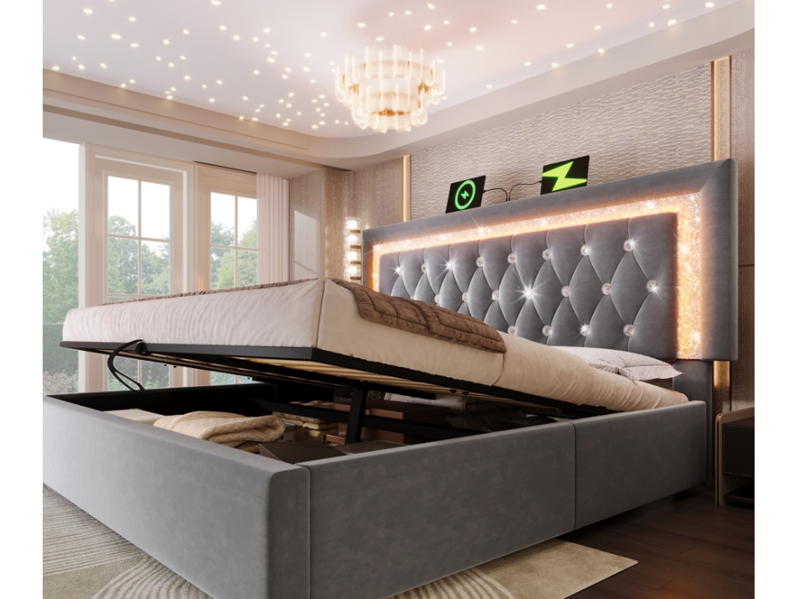 Cama Casal 160x200 Cm Em Veludo Cinza Com Cabeceira Iluminada Por Led, Estações Usb E Type-c, Baú Hidráulico E Estrado Incluso.