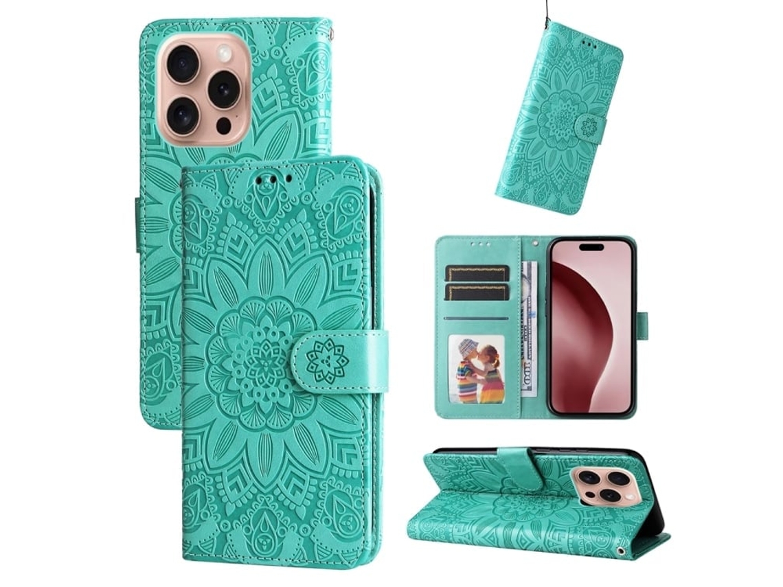 Capa De Couro Para Iphone 16 Pro - Estampa De Girassol Em Relevo