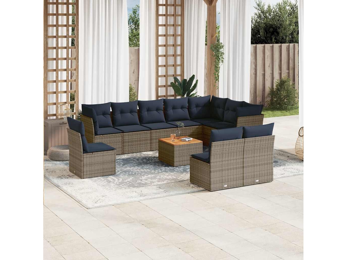 Vidaxl 11 Pcs Conjunto Sofás De Jardim C/ Almofadões Vime Pe Cinzento