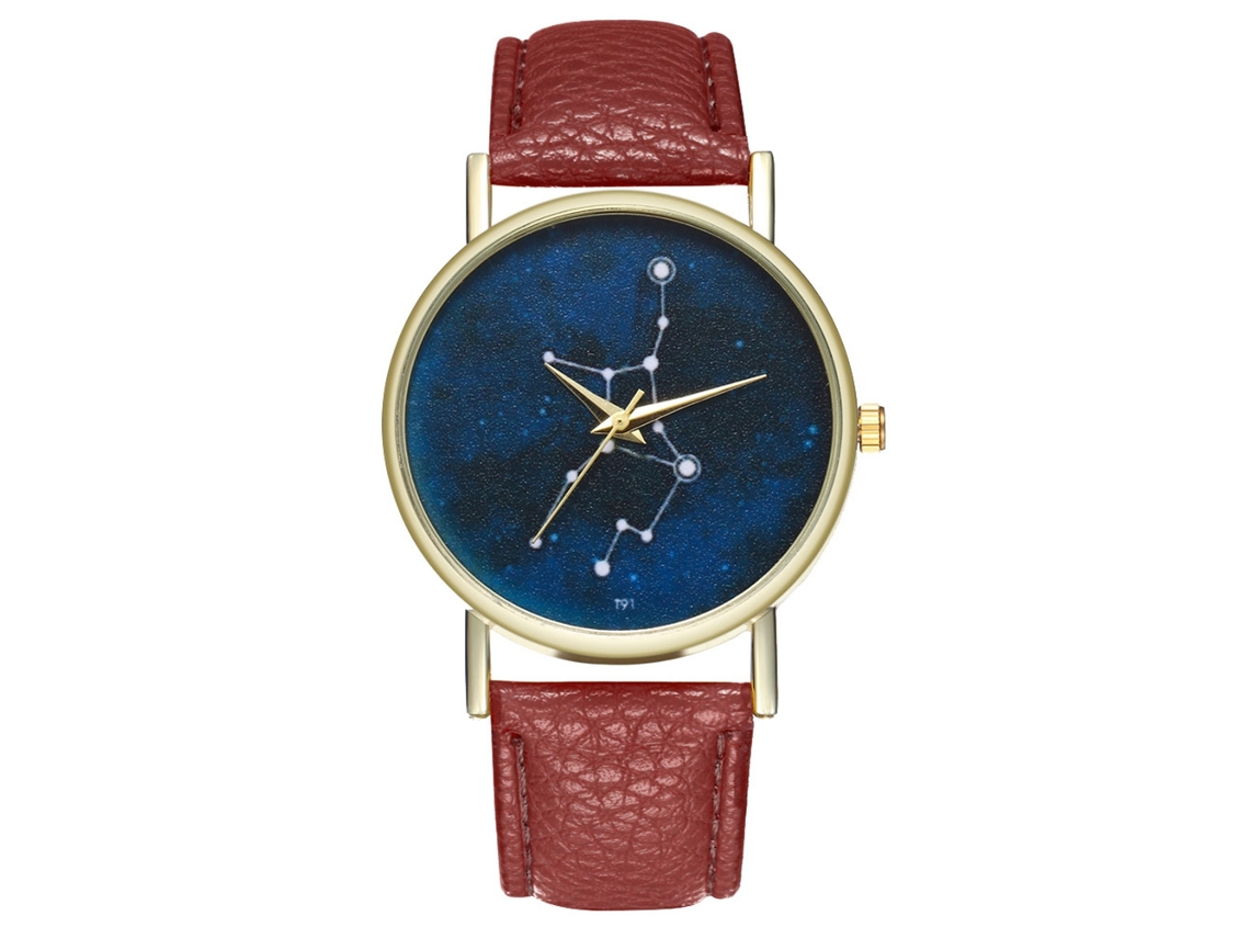 Relógio de Pulso de Quartzo com Pulseira de Couro Pu Estilo Simples Mostrador Redondo Céu Estrelado Café