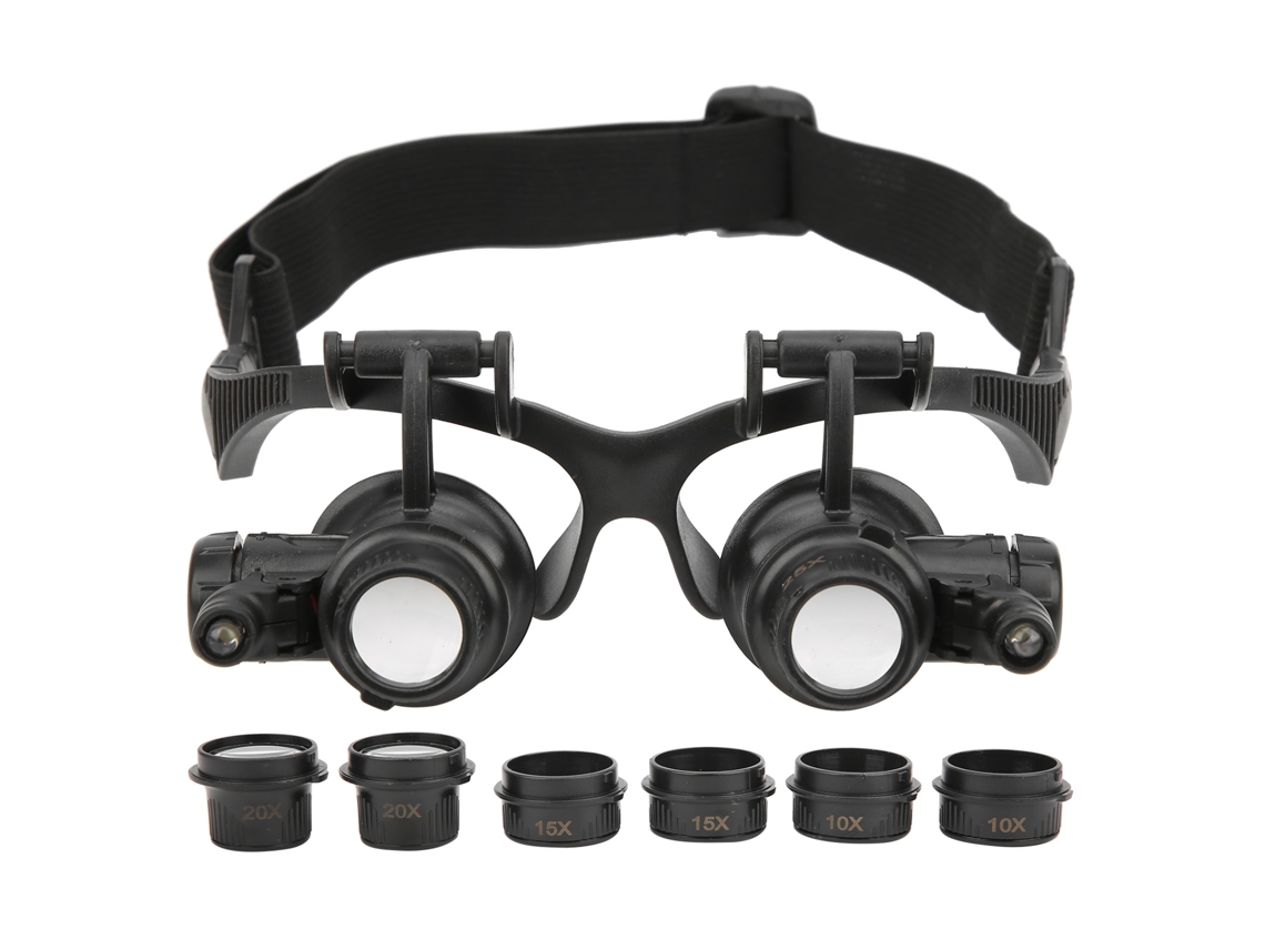 Lupa para joias com 2 luzes LED e 8 lentes intercambiáveis (10x, 15x, 20x e 25x).