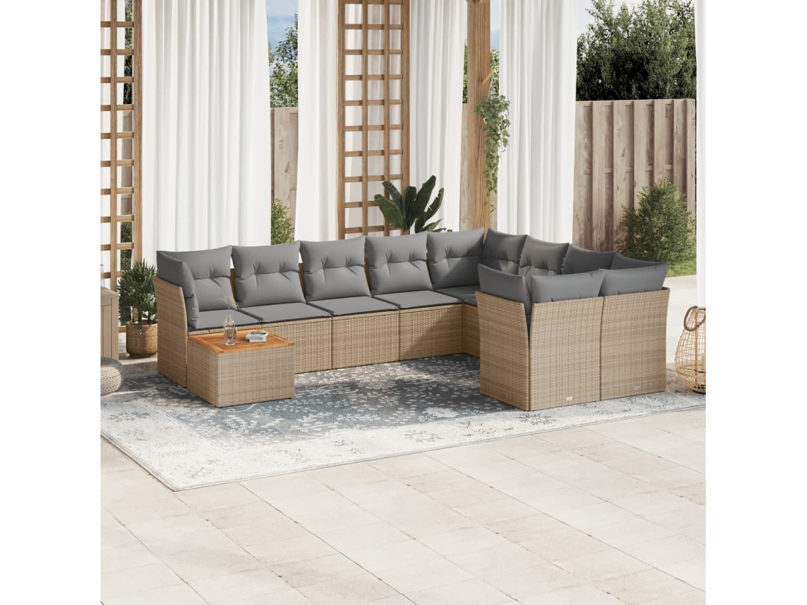 Vidaxl 10 Pcs Conjunto De Sofás P/ Jardim Com Almofadões Vime Pe Bege