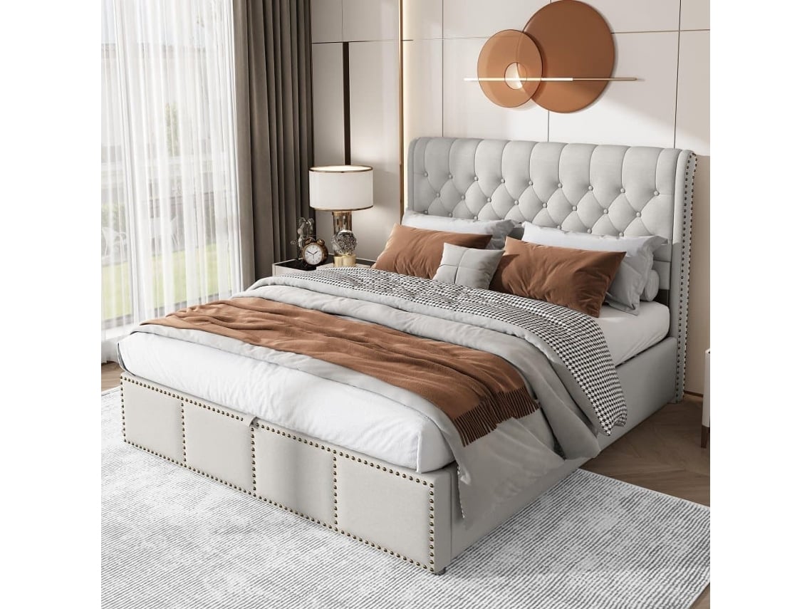 Cama Contentora Estofada Em Linho - Decorada Com Rebites - Com Estrado De Ripas - 160x200cm - Cinzento Claro