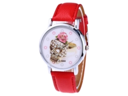 Relógio de Pulso Zhoulianfa Padrão de Crânio Pulseira de Couro Pu Quartzo Vermelho