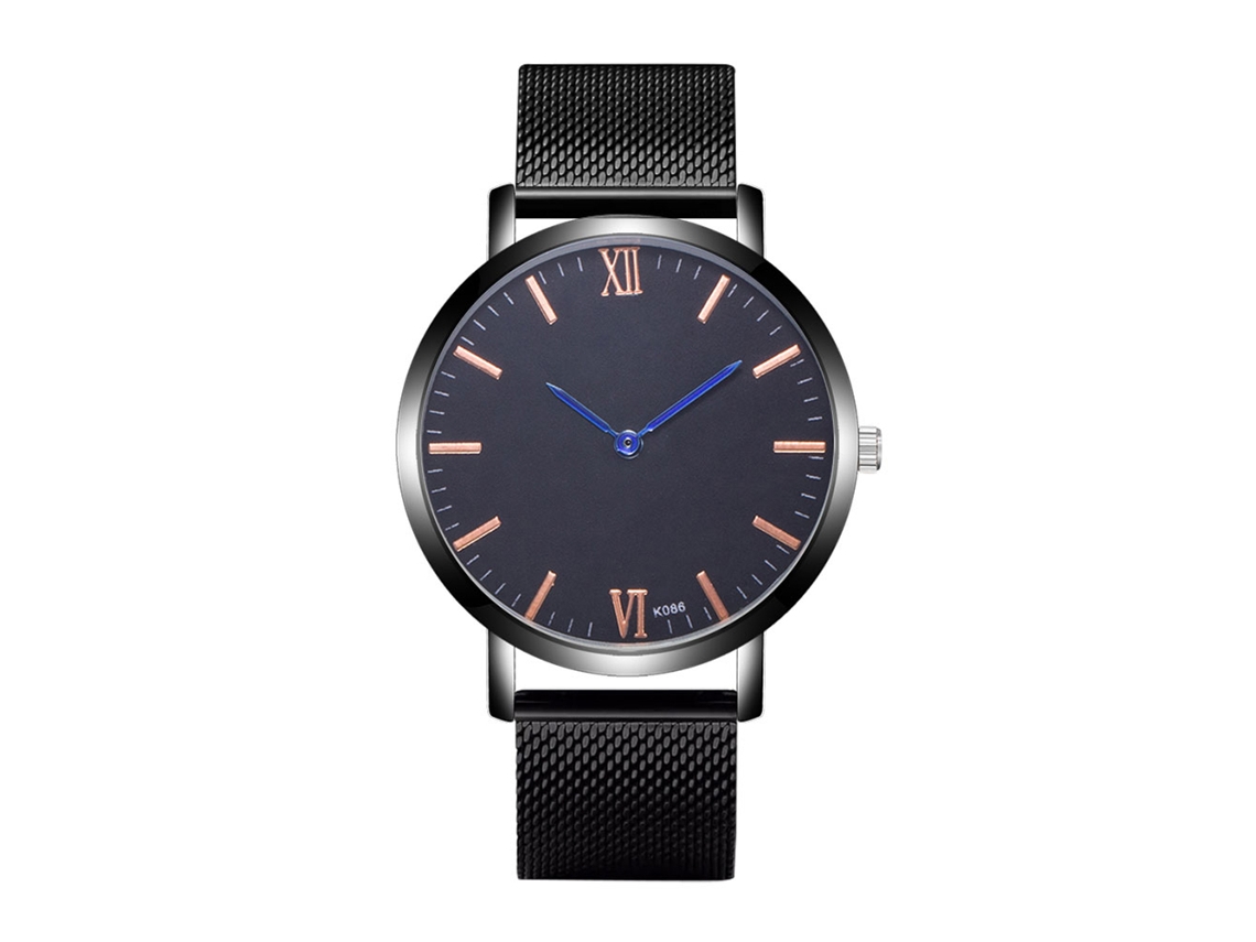 Relógio masculino Zhoulianfa em aço com pulseira de malha, mostrador preto, ponteiros azuis e movimento de quartzo.