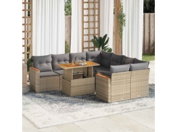 Vidaxl 9 Pcs Conjunto Sofás Jardim Com Almofadões Vime Pe/acácia Bege
