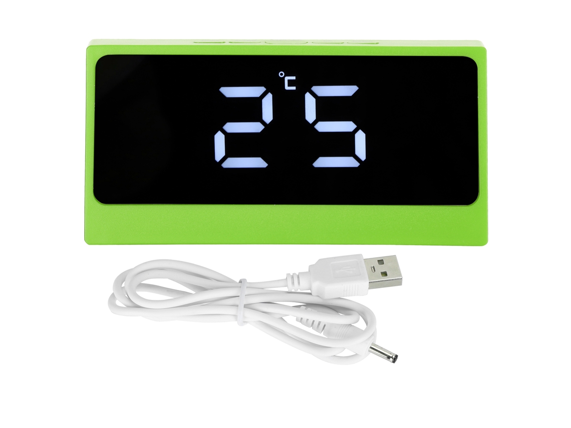 Despertador digital inteligente com LED, temperatura, data, visor grande, espelho de maquiagem, verde.