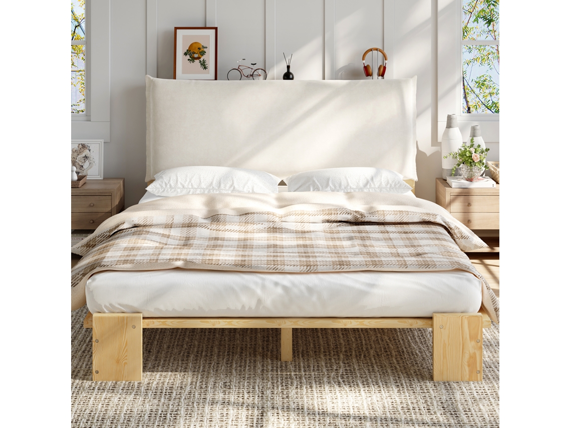 Cama Solteiro Estofada 140x200 Cm Pinho Maciço Cabeceira Ripas Natural