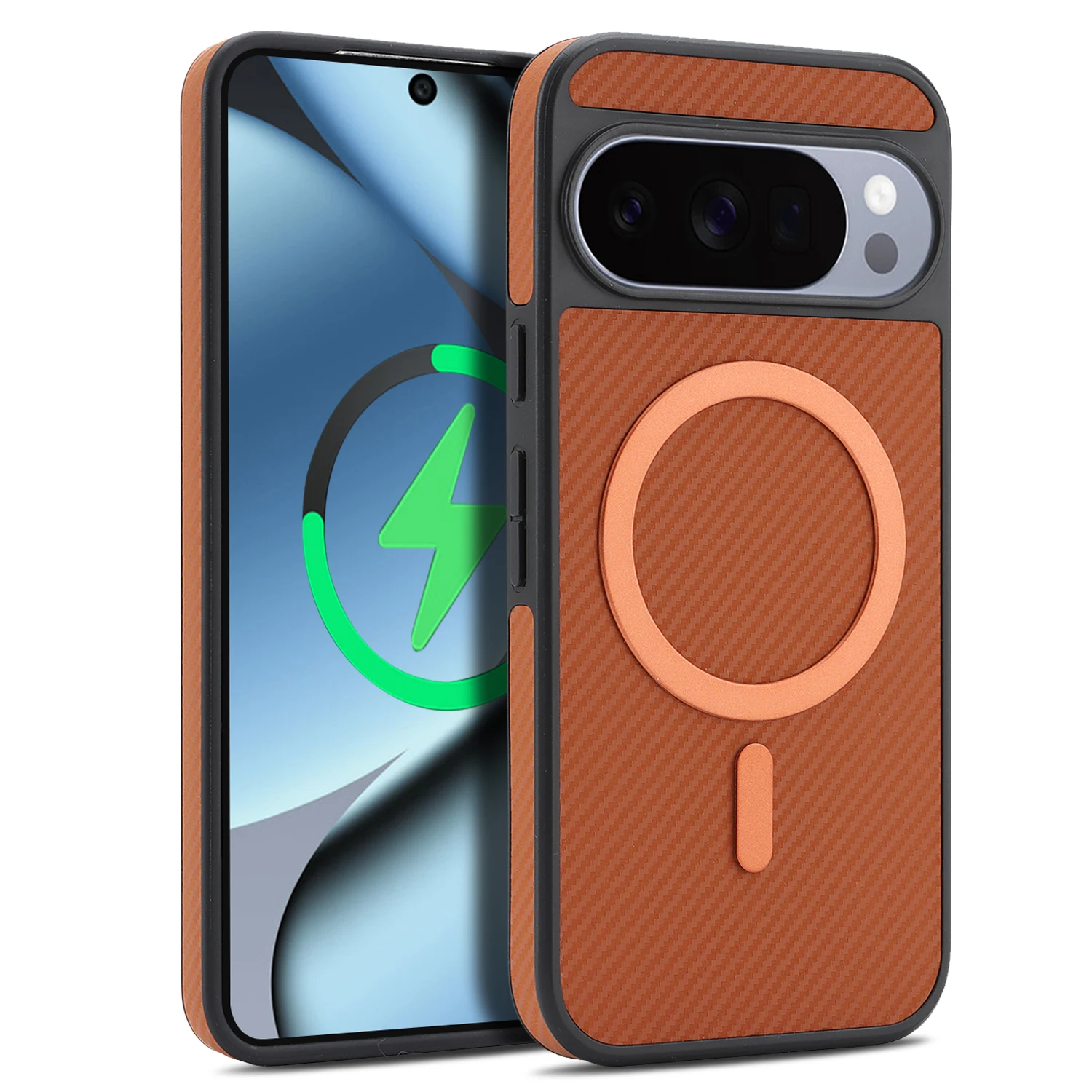 Capa De Celular Em Couro Magnético Com Fibra De Carbono (marrom Claro Para Google Pixel 9 Pro)