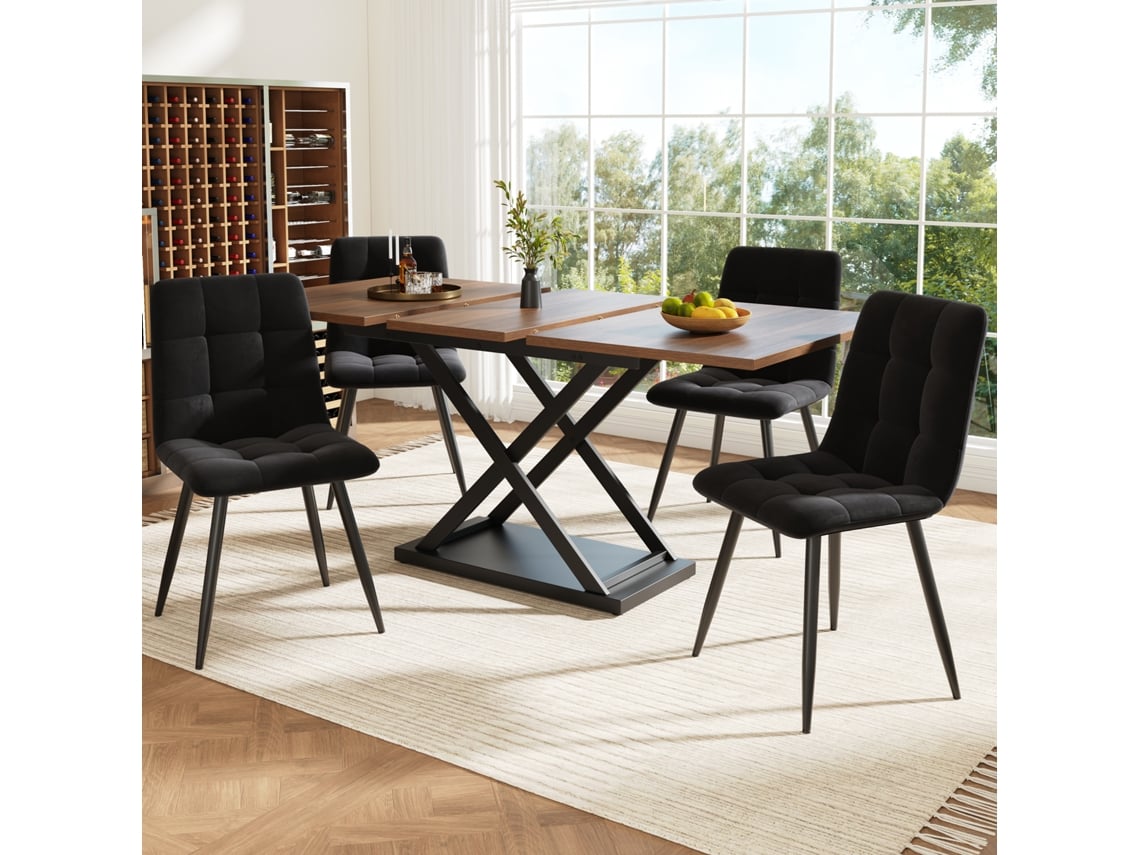 Conjunto de Jantar 5 Peças Extensível com Mesa 160x80 cm em Nogal, 4 Cadeiras de Veludo Preto para 4 Pessoas BGA STORE