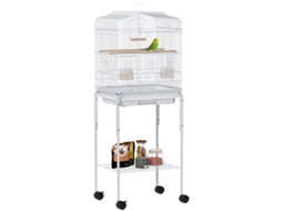 Gaiola Para Pássaros Com Rodas Prateleira Portas 2 Comedouros 2 Poleiros Baloiço Bandeja Removível 46,5x36x124 Cm Branco