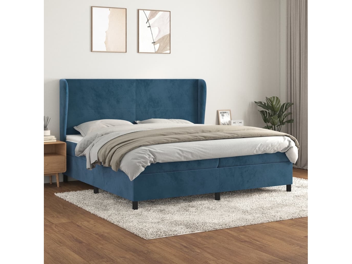 Cama Com Molas/colchão 200x200 Cm Veludo Azul-escuro