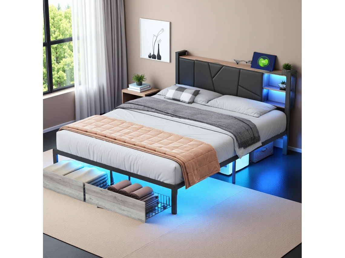 Cama de Madeira e Metal 160x200 Cm, Leds Multicoloridos, Cabeceira Estofada, Gavetas, Tomada Europeu, SIMURQ