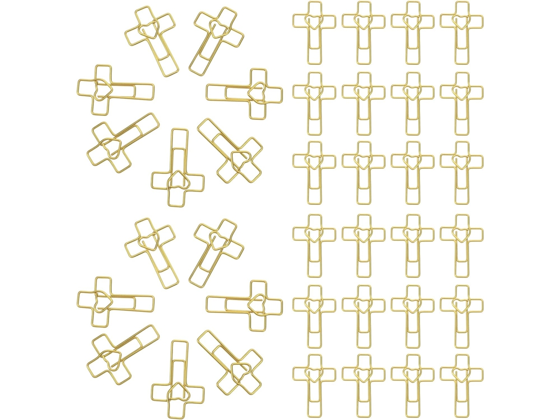 Clips de papel Showeroro em metal dourado, formato de coração e cruz, 100 unidades, para estudo bíblico e organização.