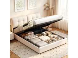 Cama Estofada 140x200 Cm Veludo Bege Creme, Caixa Hidráulica, Luzes Led Rgb, Ficha Europeia, Sem Colchão