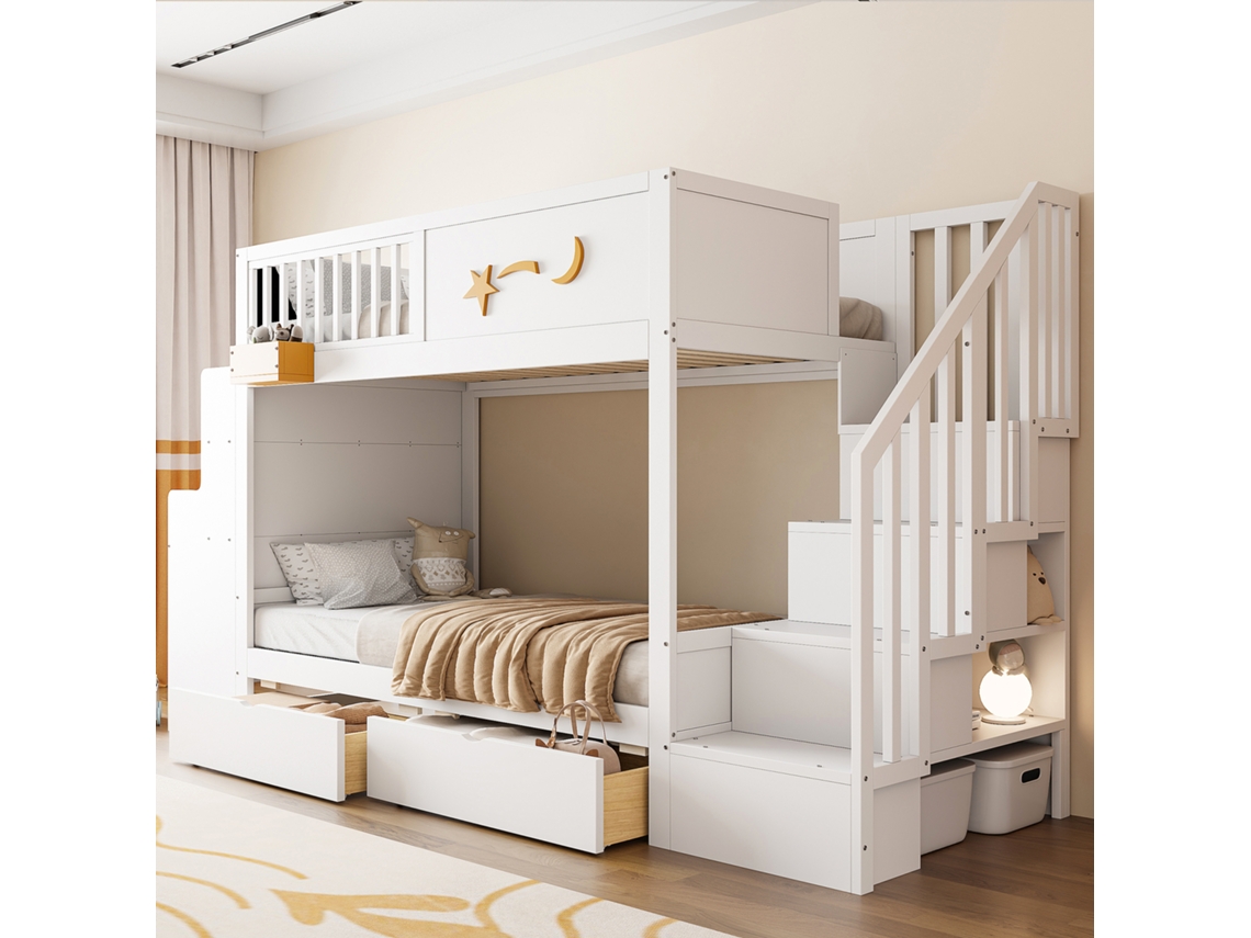 Cama De Andares Infantil Com Gavetas Mesa Escada 90x200cm Pinho Branco