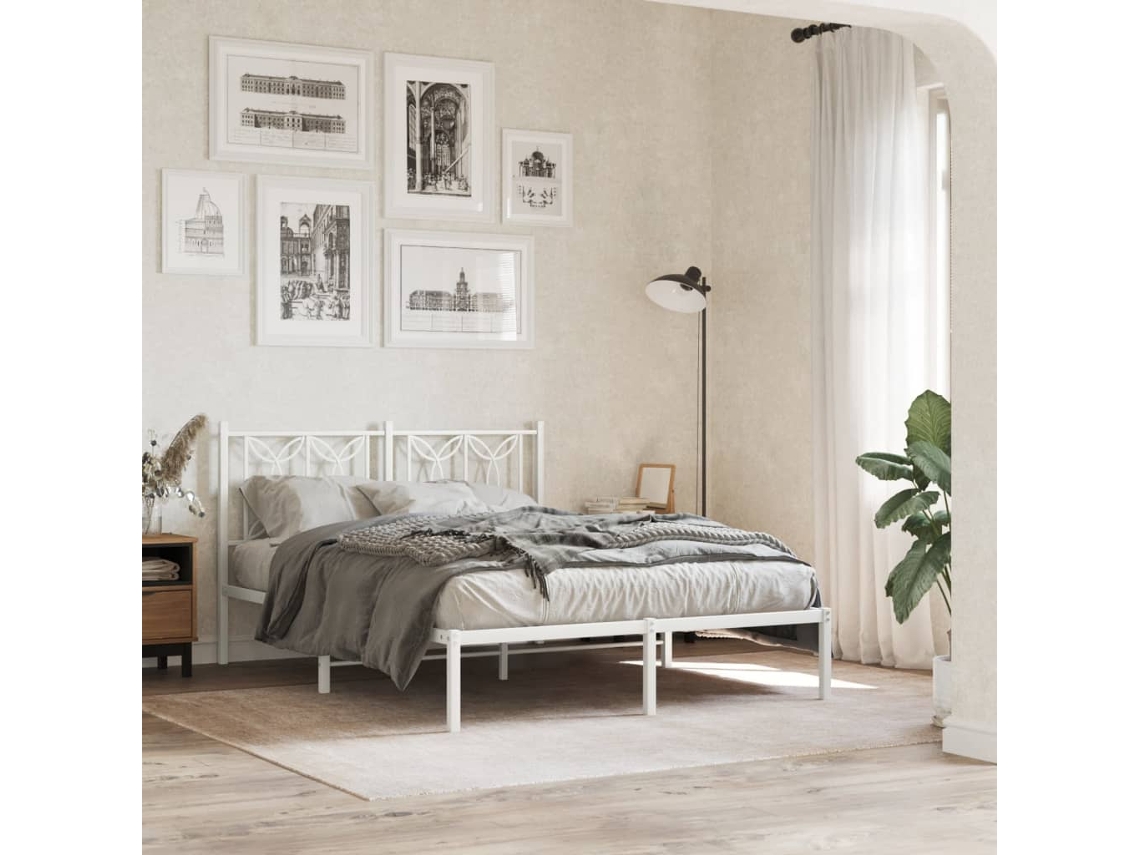 Cama De Casal | Camas Para Quarto | Estrutura De Cama Com Cabeceira 140x190 Cm Metal Branco