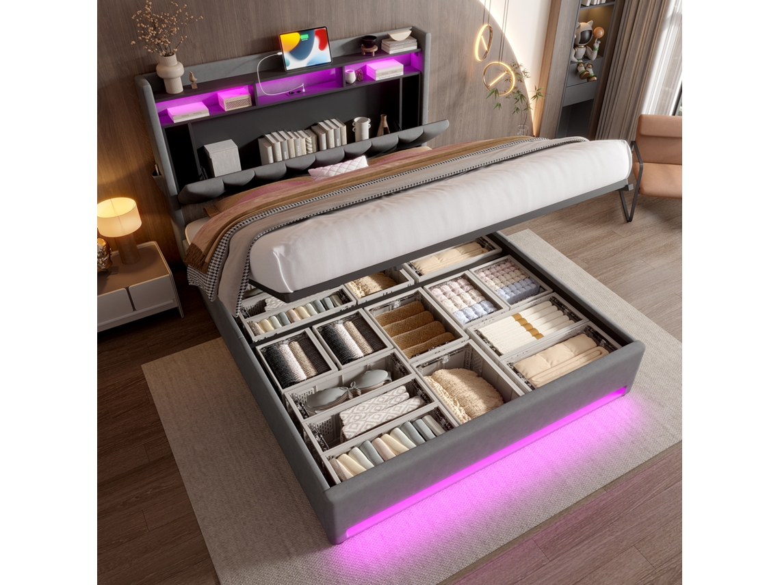 Cama de 160x200 cm com arrumação, LED, USB tipo C, cabeceira com arrumação e compartimento hidráulico, cinza, sem colchão VSOGA