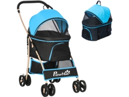 Carrinho de bebê dobrável com 2 coleiras, almofada, aço/têxtil, 82x49,5x98cm, Azul/preto
