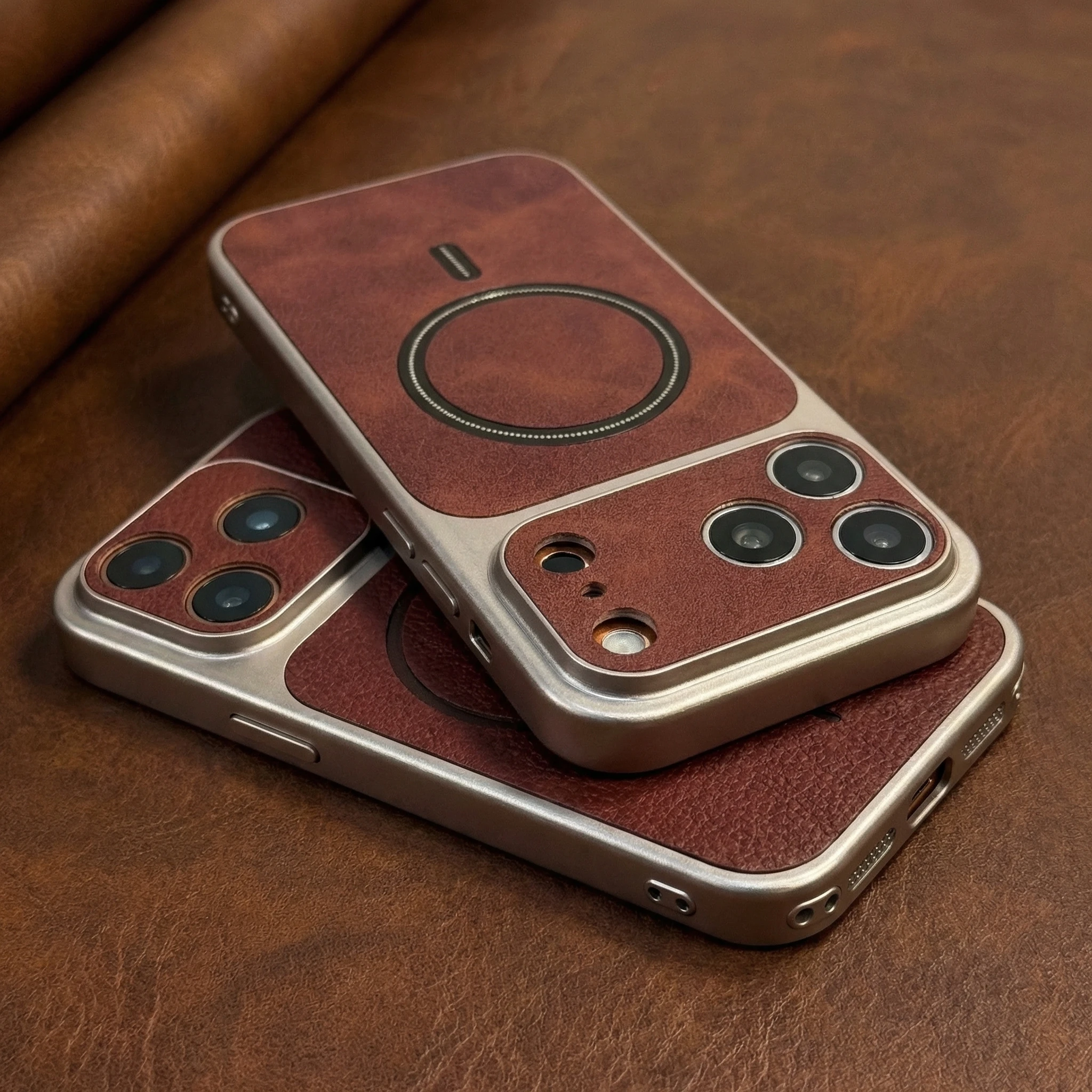 Capa Para Celular Magsafe Em Couro Sintético (marrom Escuro), Acabamento Fosco.