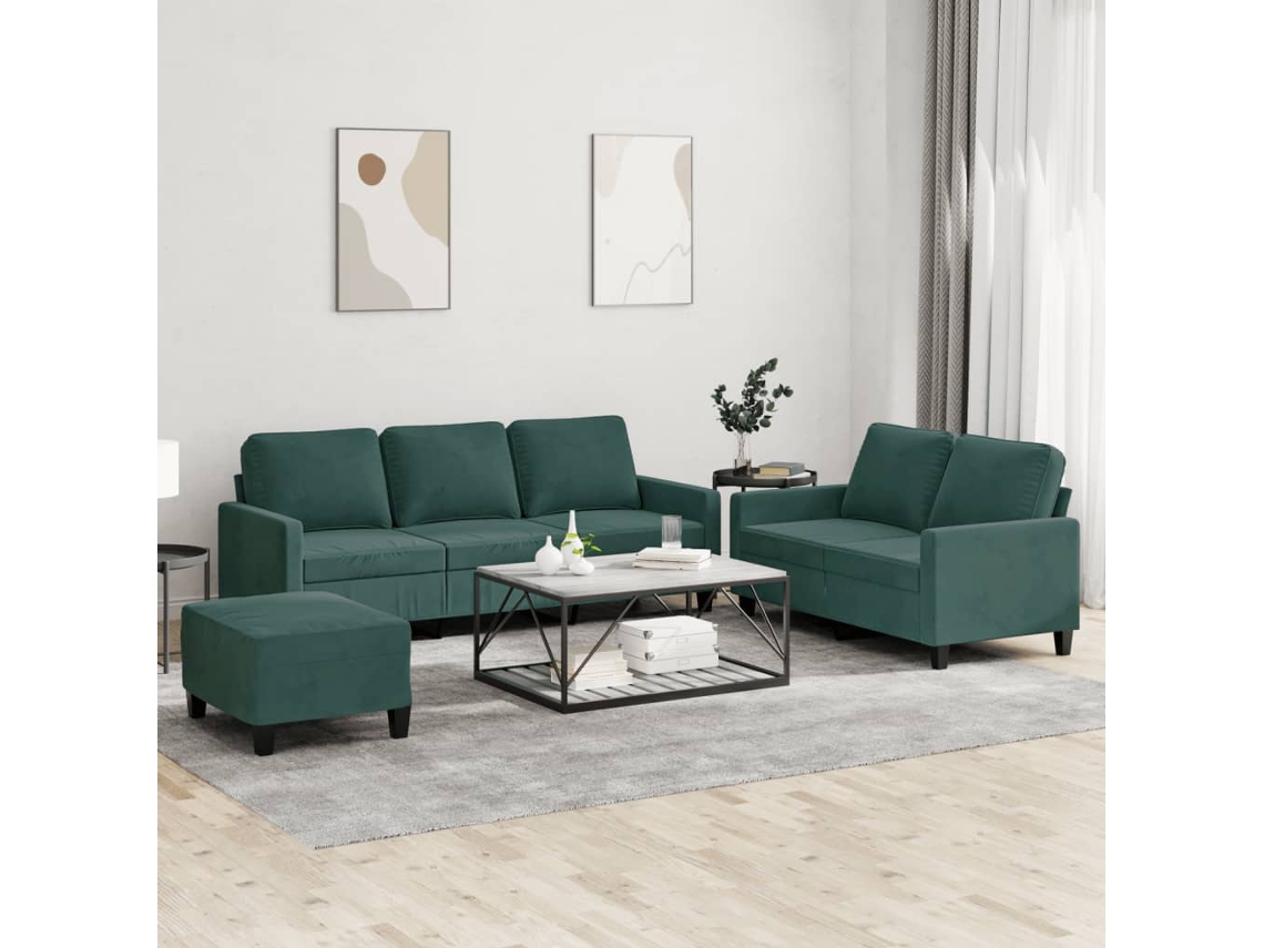 Vidaxl 3 Pcs Conjunto De Sofás Com Almofadões Veludo Verde-escuro