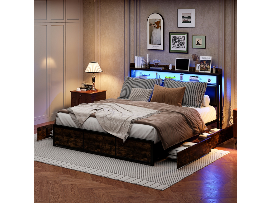Cama Estofada 180 X 200 Cm Com Led, Cama Juvenil Com 4 Gavetas, Cabeceira, Estrutura Metálica E Estrado De Ripas, Em Pele Pu, Sem Colchão