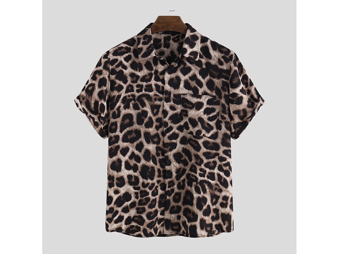 Camisa Masculina De Verão Com Estampa De Leopardo Manga Curta E Lapela Estilo Casual Com Estampa Floral Ideal Para O Verão Havaiano