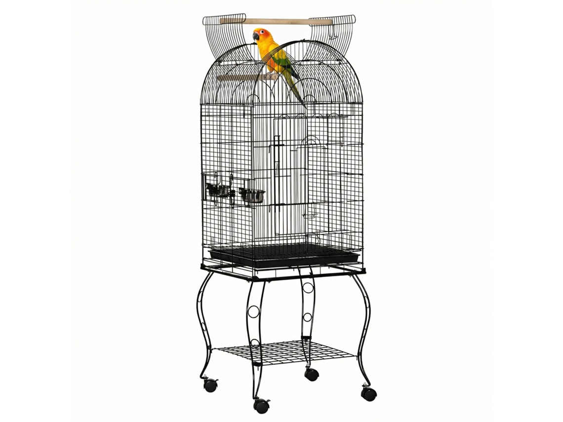 Gaiola Para Pássaros Com Suporte E Rodas Bandeja Amovível E 2 Tigelas 51x51x153 Cm Preto