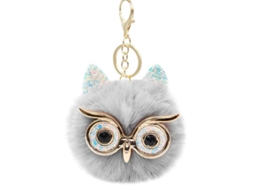 2026rebe llavero de Pom Pom de Pelo Falso Búho Puffball para Bolso Mochila Gris Con Clasp de Cangrejo