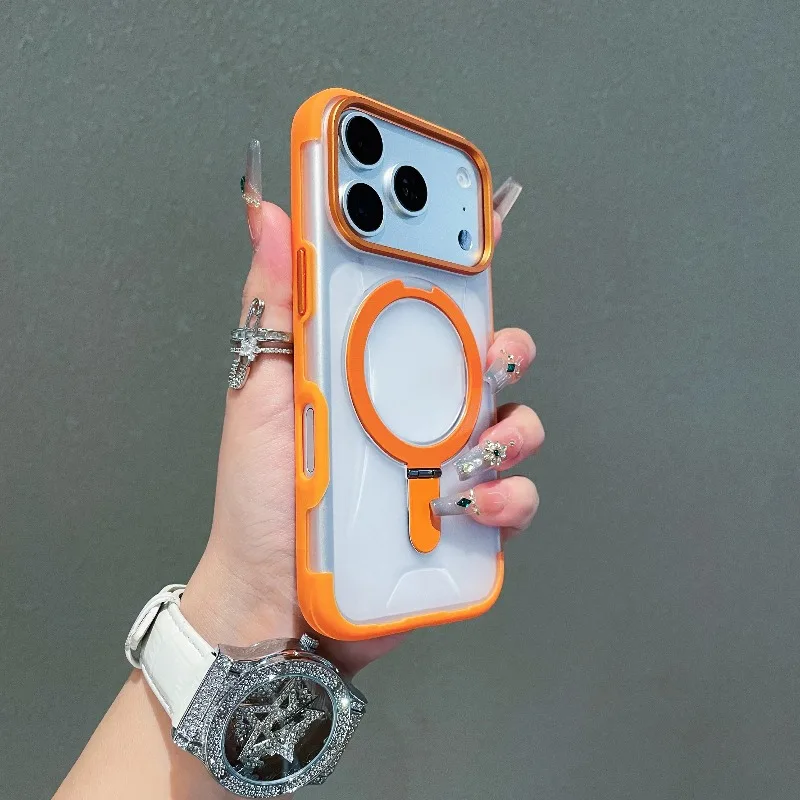 Capa Magnética Para Iphone 15 Pro (laranja) Com Suporte De Anel De Metal Transparente E Acabamento Fosco.
