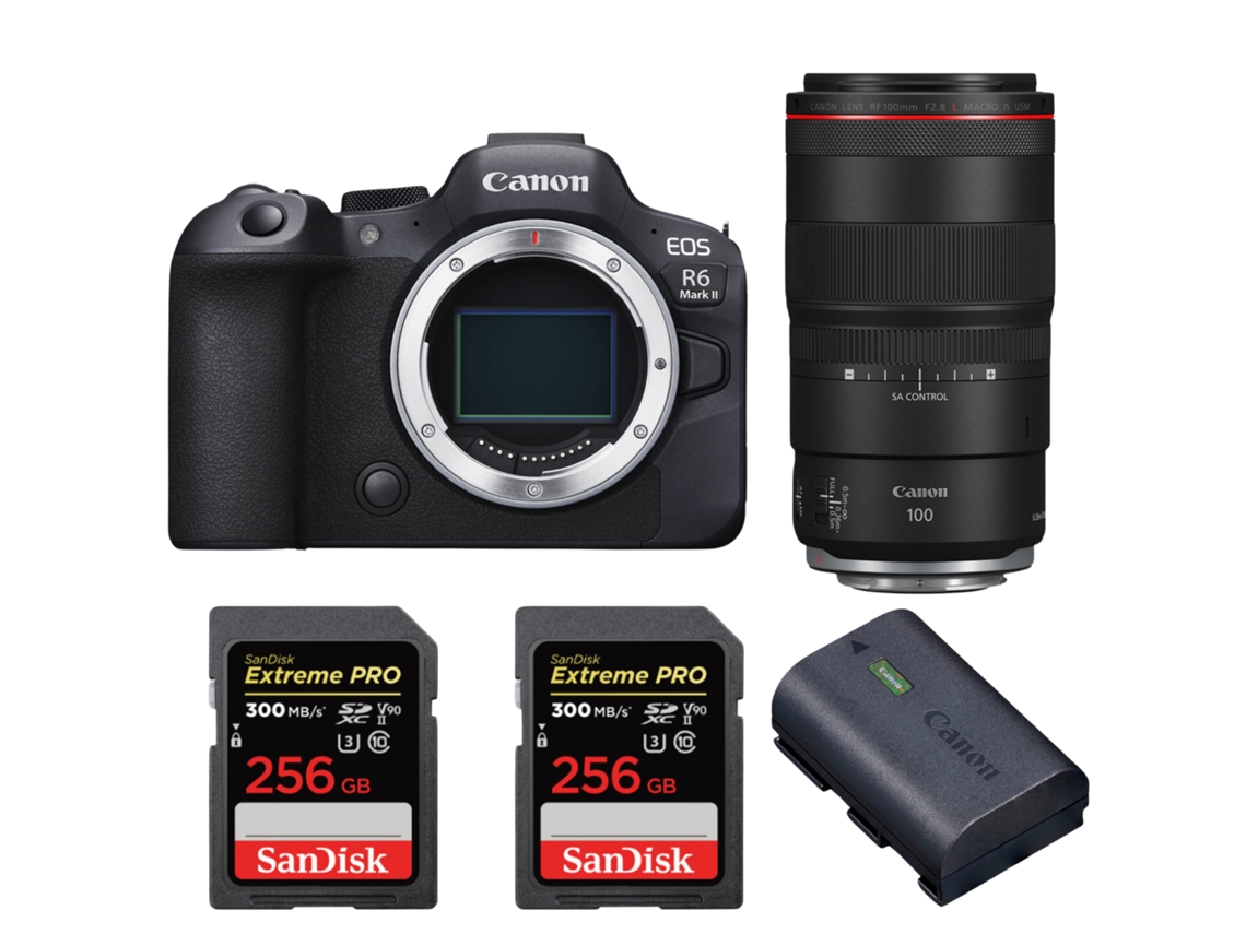 Eos R6 Mark Ii + Rf 100mm F/2.8 L Macro Is Usm + 2 Sandisk 256gb Uhs ii 300mb/s + 1 Canon Lp e6nh + Ebook “20 Dicas para Fotos Que Impressionam” CANON