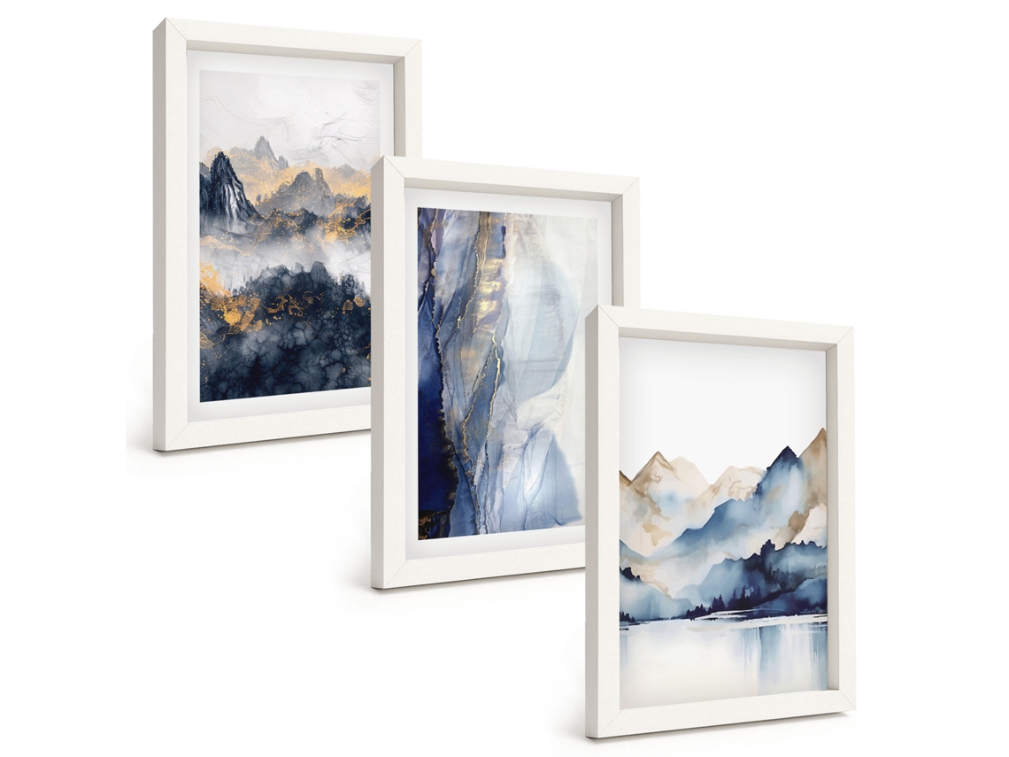 Composição De Quadros Paisagens De Montanha, Azul E Cinza Espelharte (3 Peças 20x30 Cm)